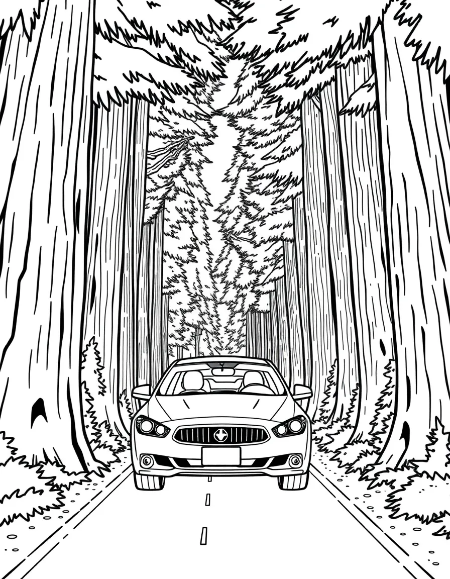 A car driving through a giant redwood tree tunnel