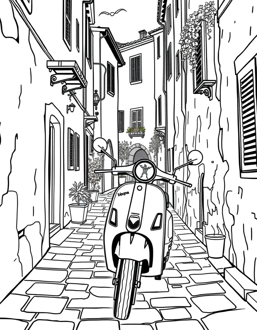 A Vespa scooter in a narrow Italian village street