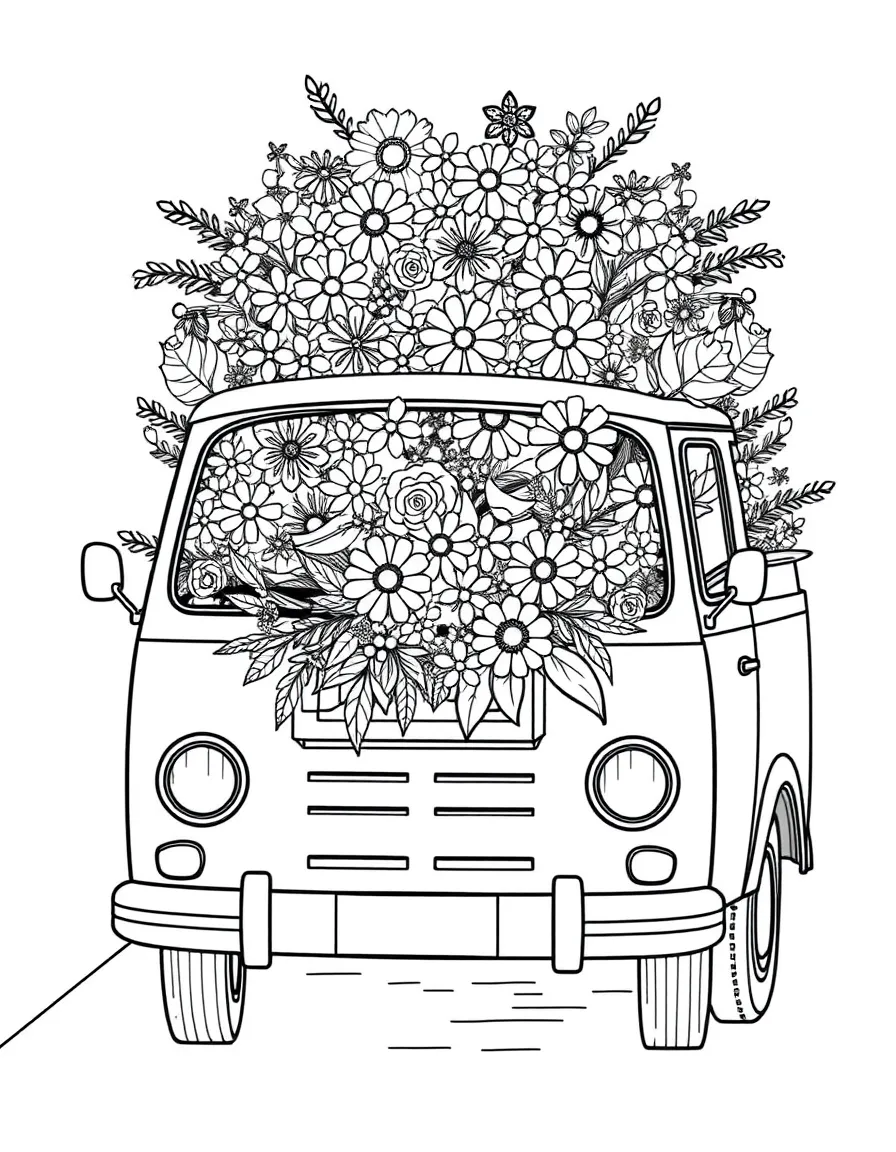 A flower delivery van filled with bouquets