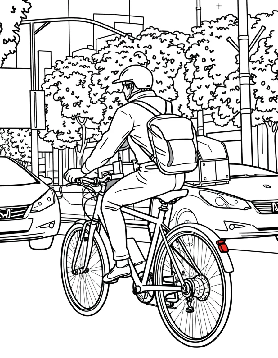 A courier bicycle messenger in busy traffic