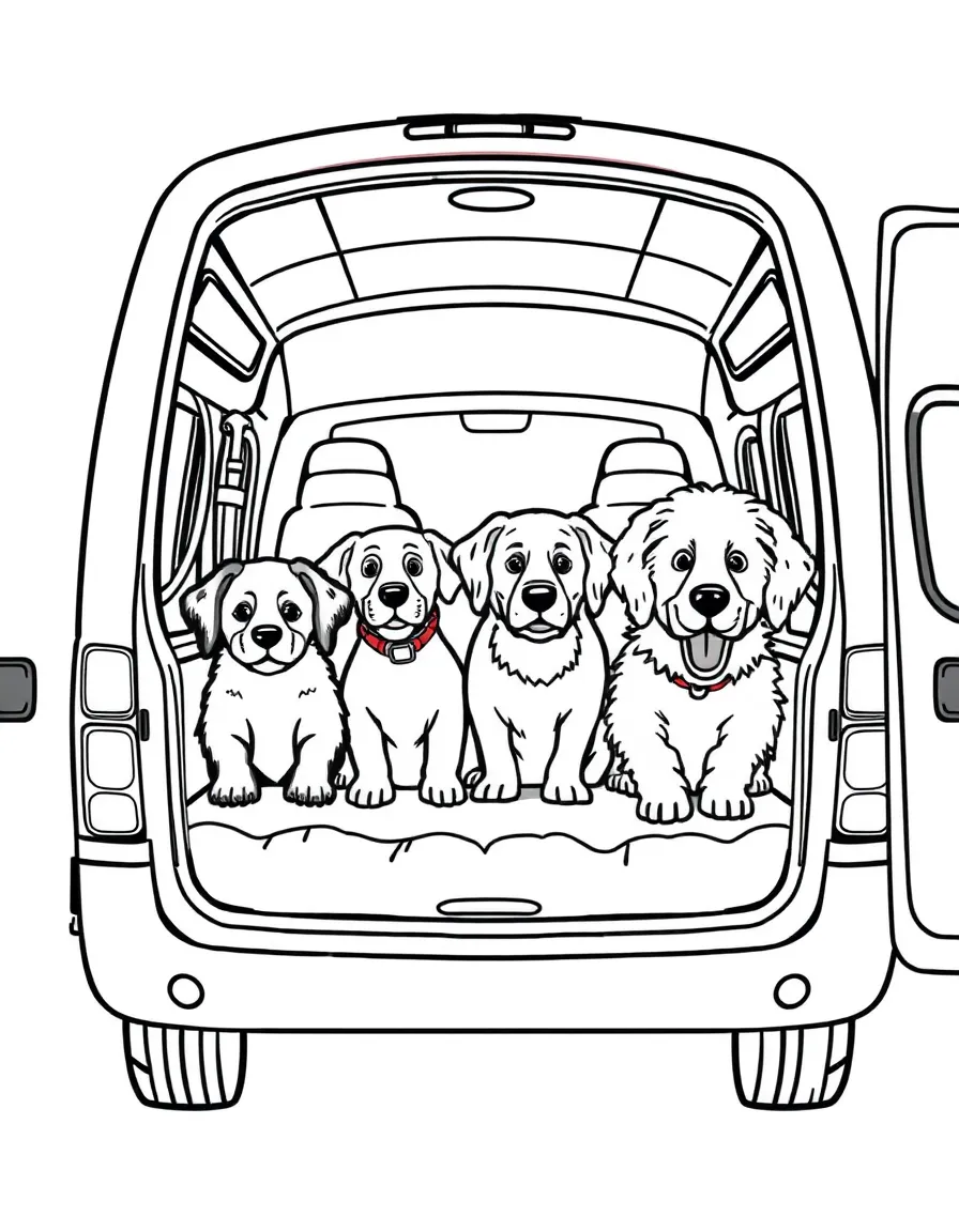 A mobile pet grooming van with dogs inside