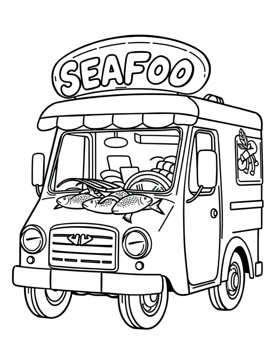 A seafood delivery truck with fish decoration
