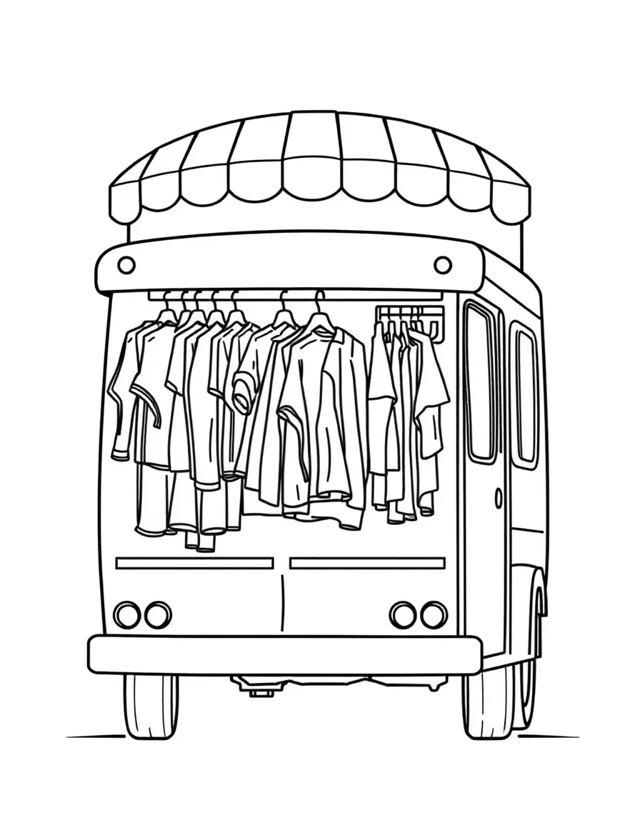 A mobile boutique fashion truck with clothing racks
