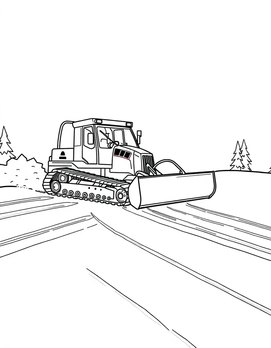 A snowcat grooming a ski slope with detailed tracks