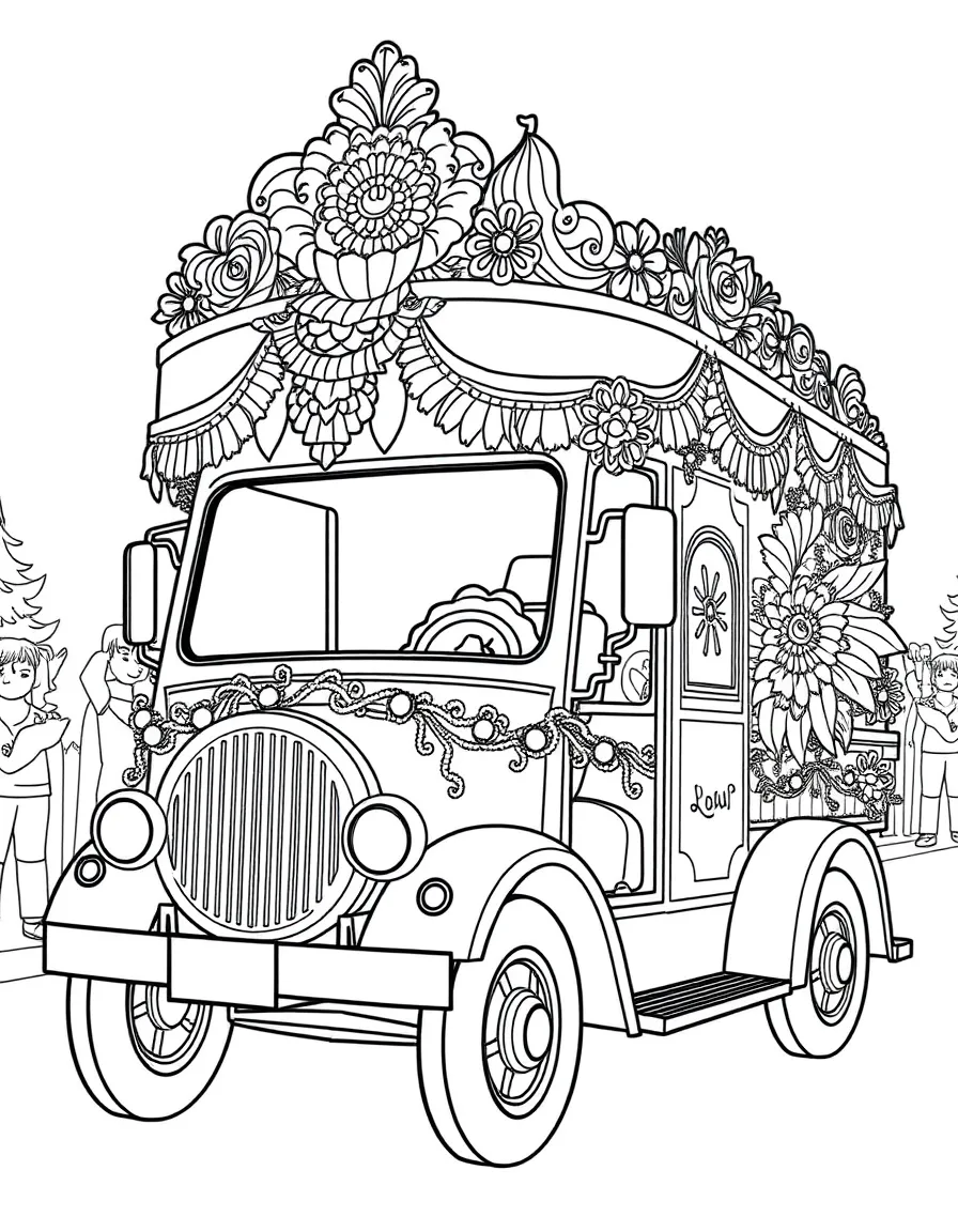 A parade float vehicle with elaborate decorations