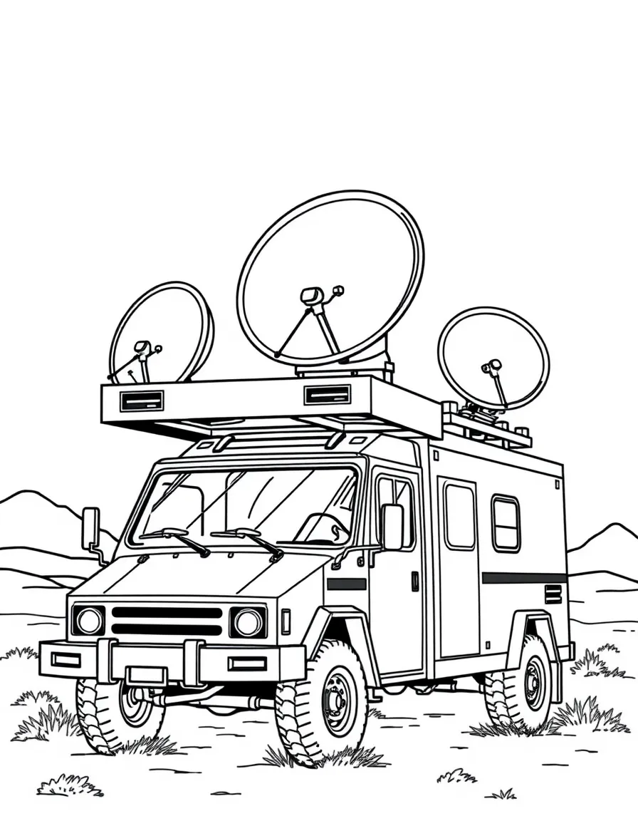 A mobile command center with satellite dishes