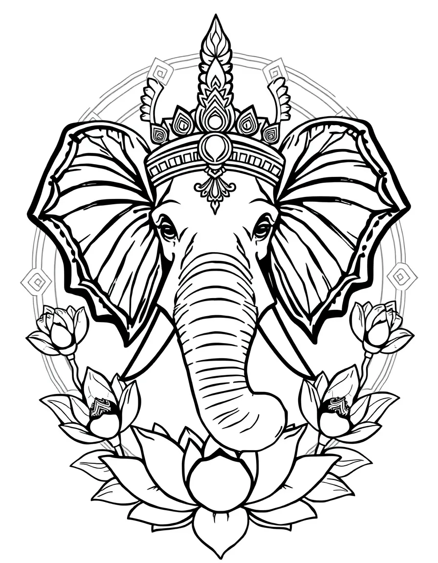 Majestic elephant with ornate headdress, surrounded by lotus flowers in a circular pattern