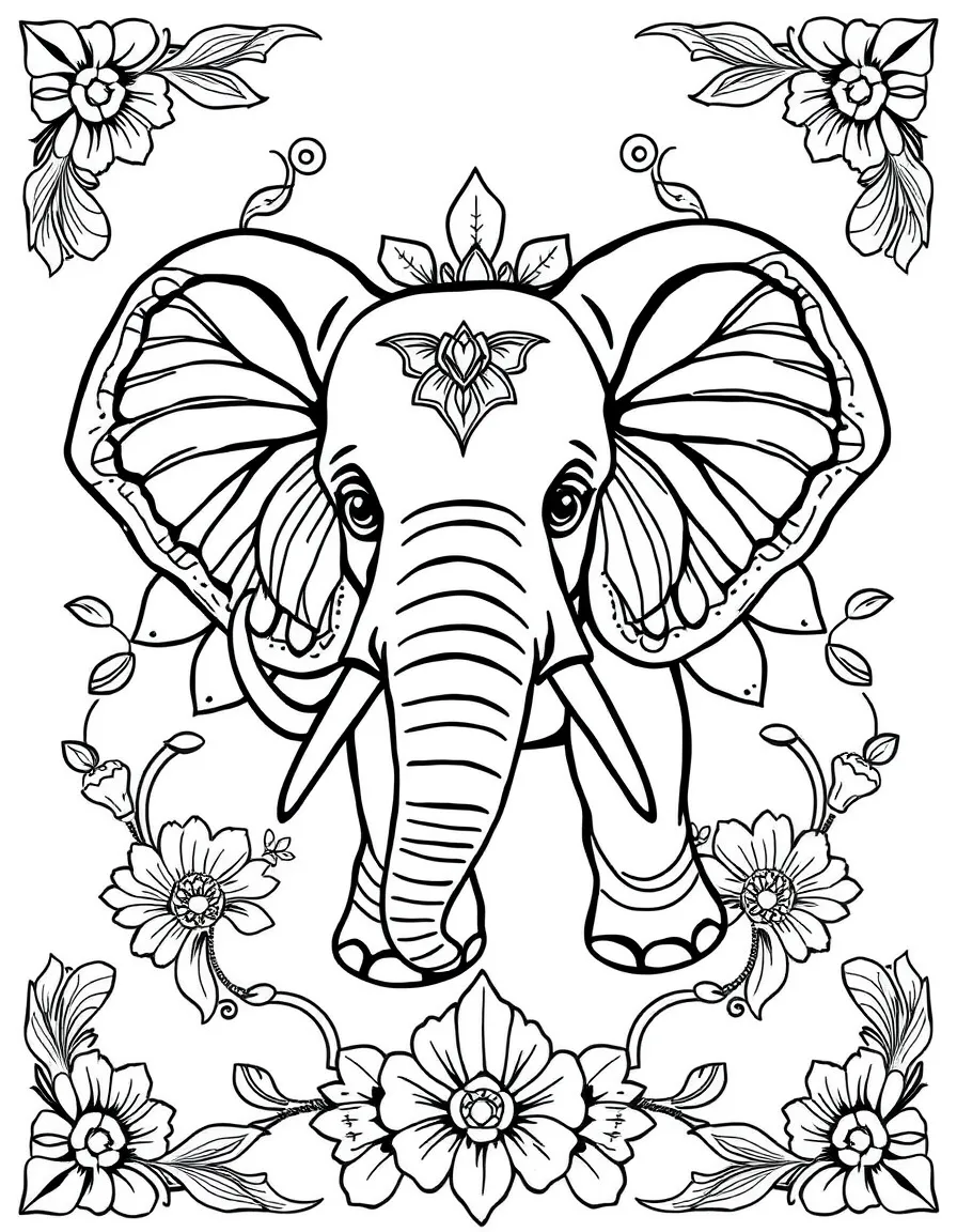 Baby elephant in the center with intricate tusks that spiral outward into floral designs