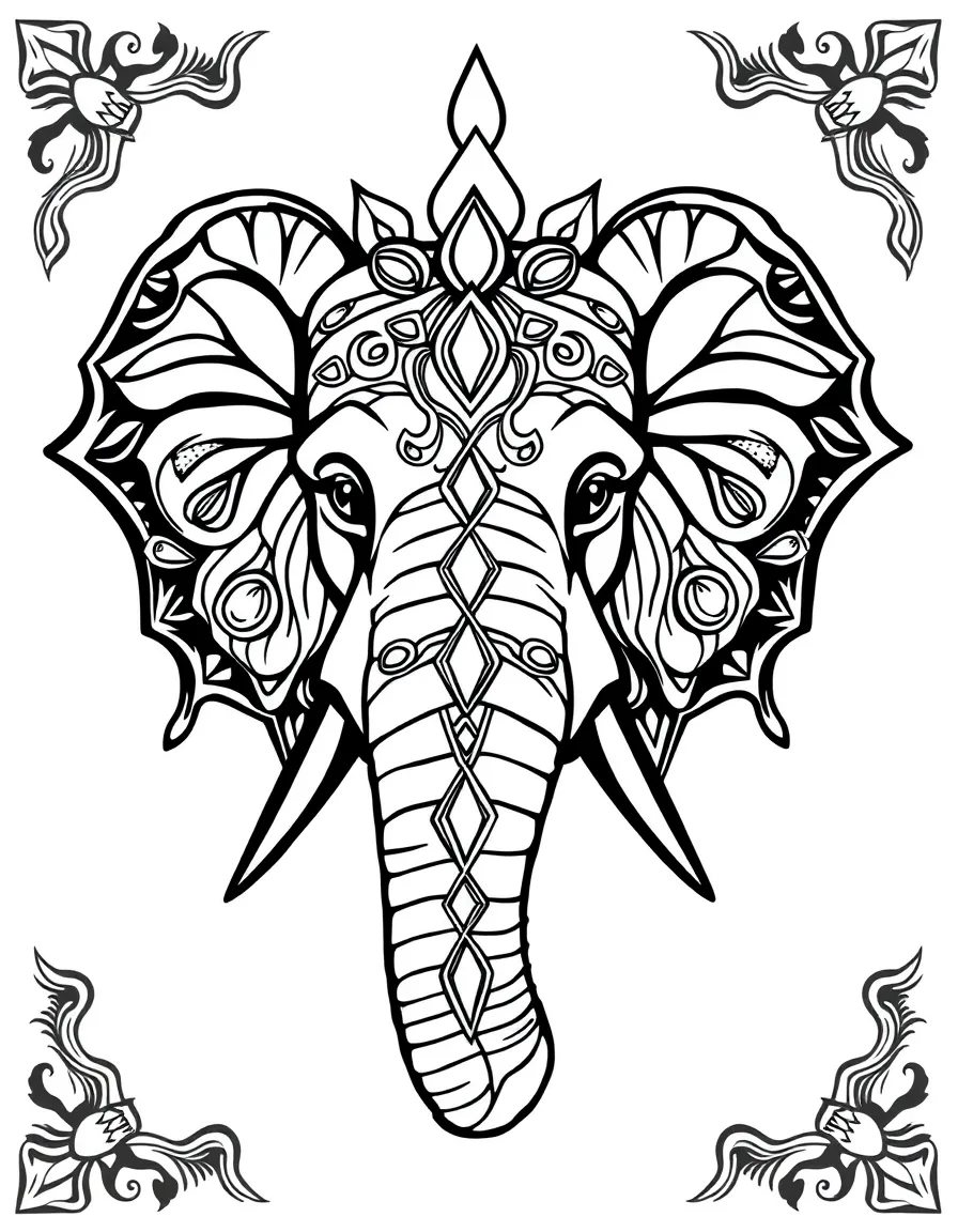 Elephant head mandala with trunk forming elegant spirals and decorated with jewels
