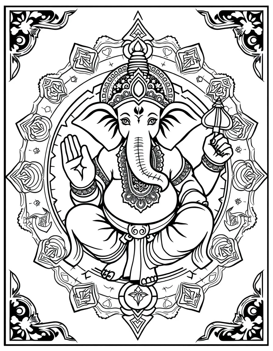 Sacred elephant deity Ganesha in mandala form with symbolic elements and Sanskrit symbols