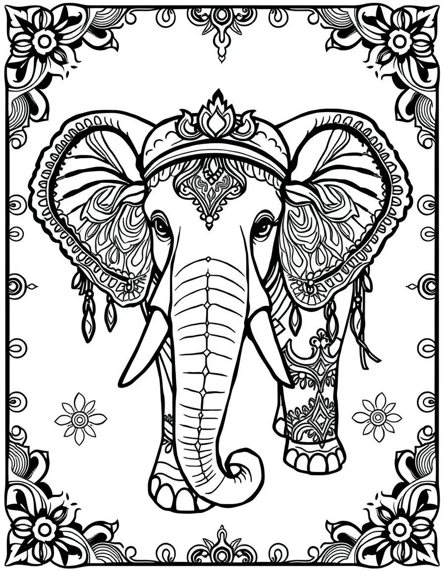Elephant with traditional Indian decorations, surrounded by henna-inspired patterns