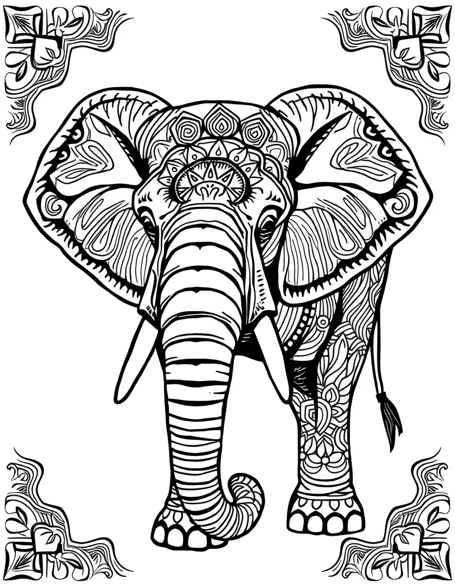 African elephant with textured skin patterns forming the basis of a complex mandala design