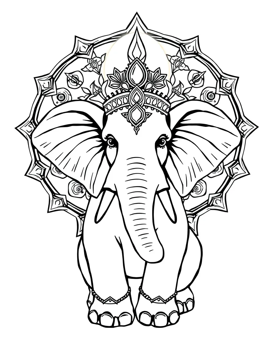 Elephant with trunk raised in blessing, mandala featuring auspicious symbols and jewels