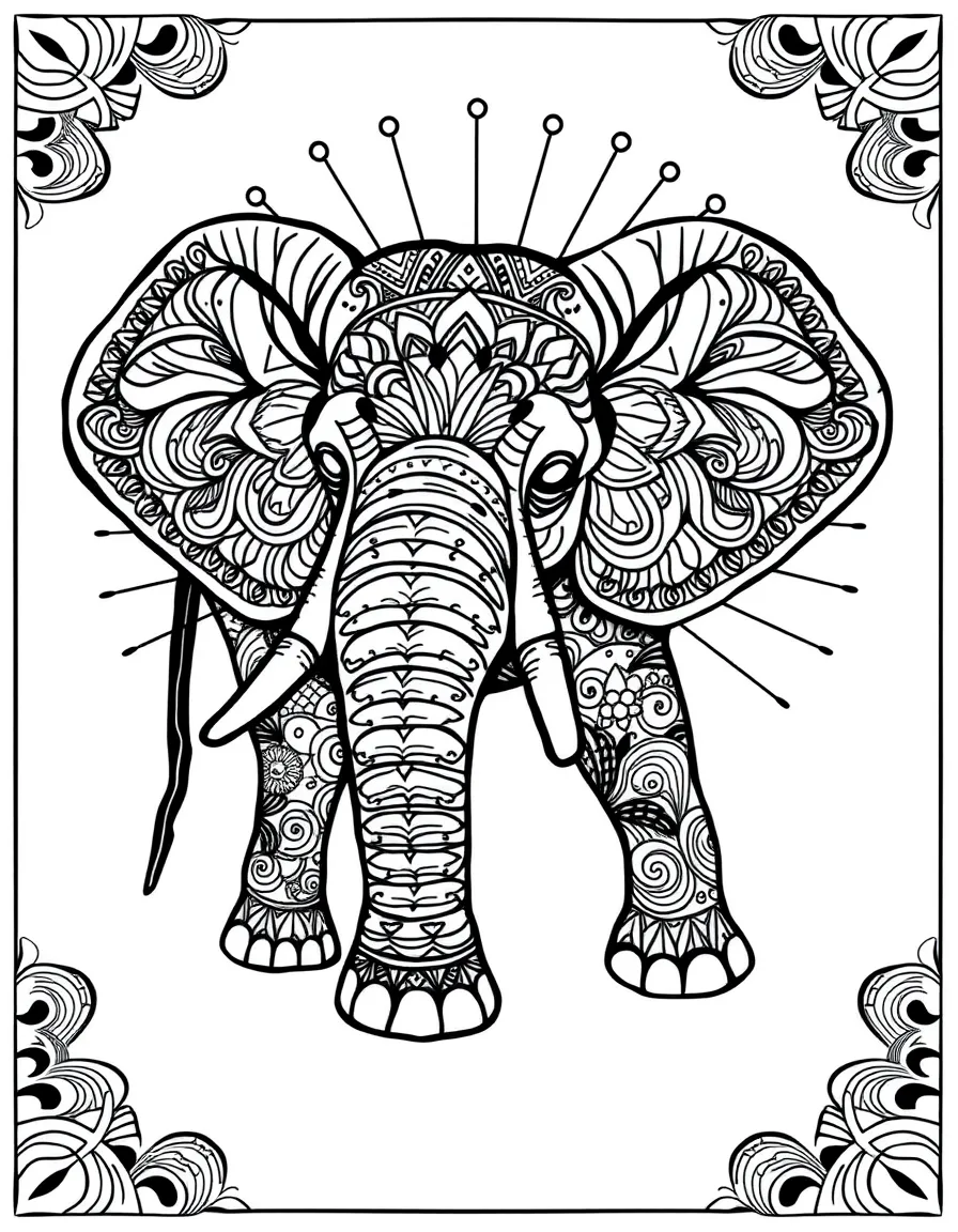 Elephant zentangle with intricate patterns inside the silhouette and radiating outward