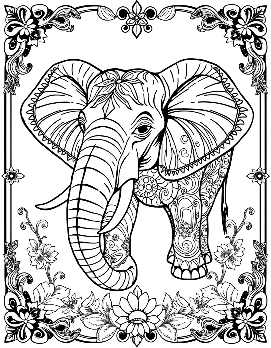 Elephant with trunk creating a spiral pattern, surrounded by intricate borders and florals