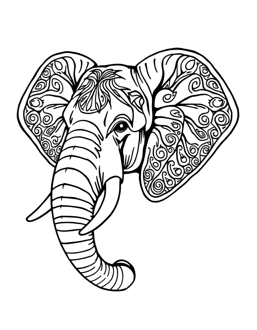 Elephant profile with detailed ear patterns creating a complex circular design