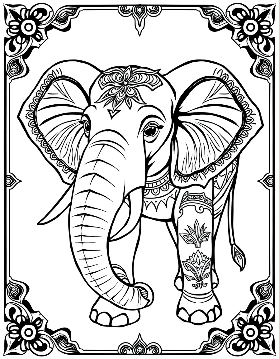 Elephant with trunk forming a spiral, surrounded by Indian-inspired decorative patterns