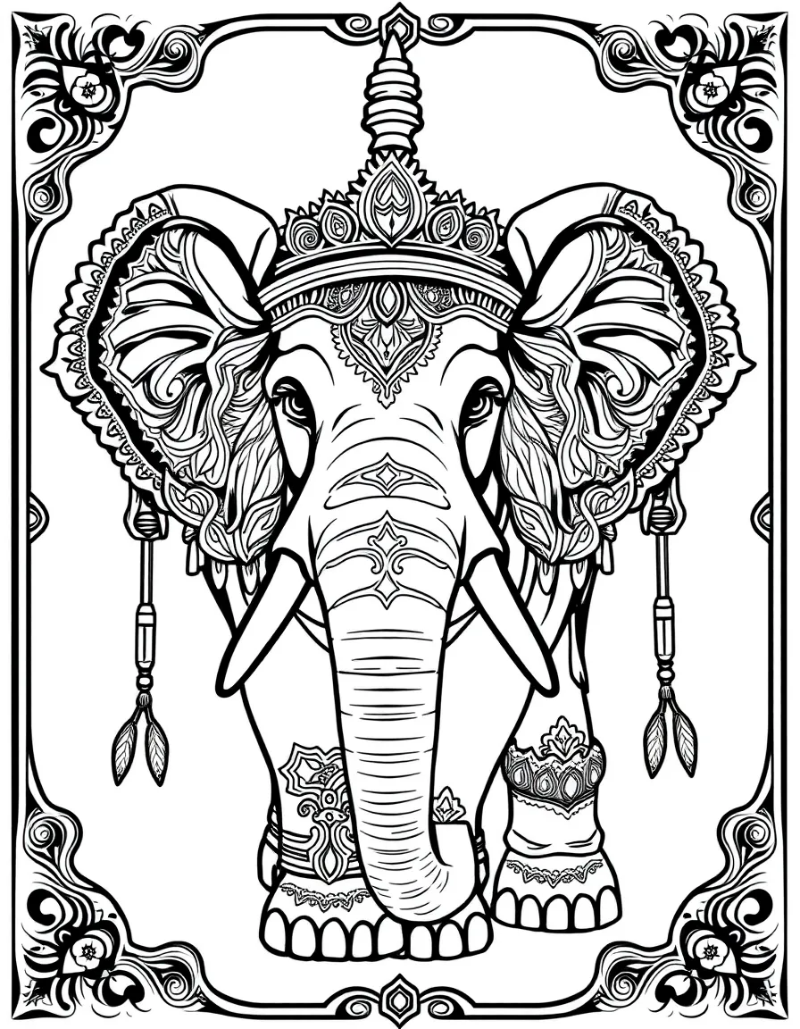 Elephant with intricate armor and ceremonial decorations in a royal mandala design