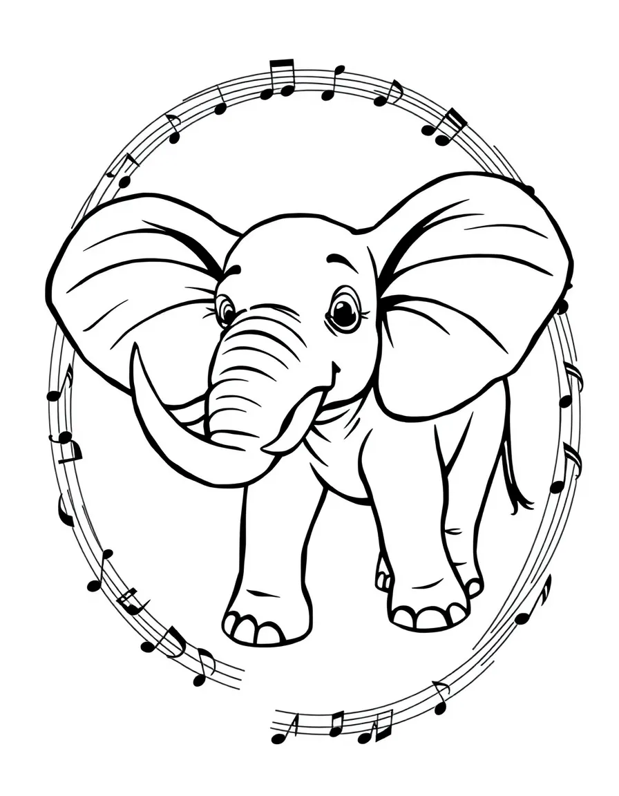 Elephant trumpeting with musical notes forming a circular pattern around it