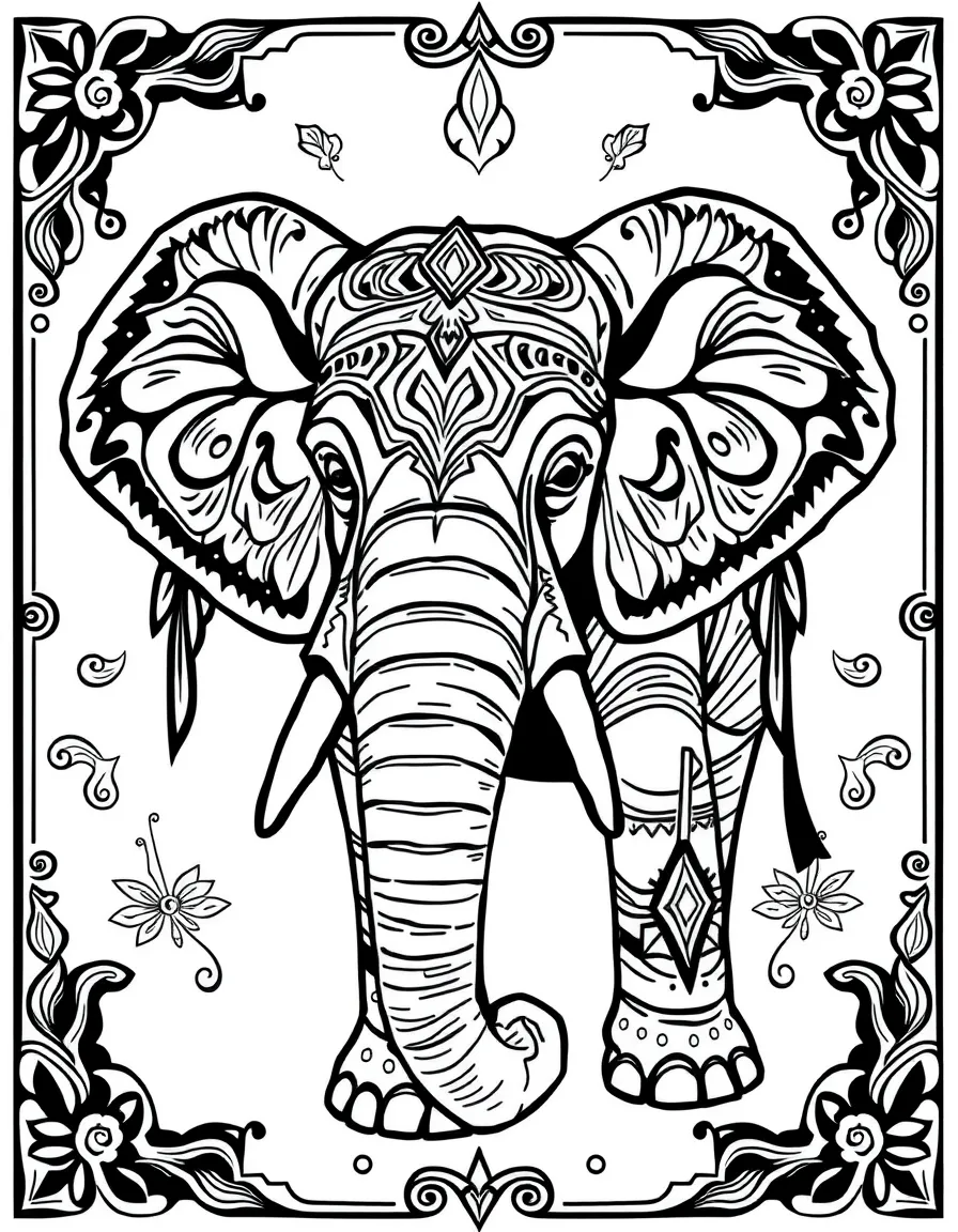 Elephant with ceremonial paint patterns, surrounded by tribal-inspired designs