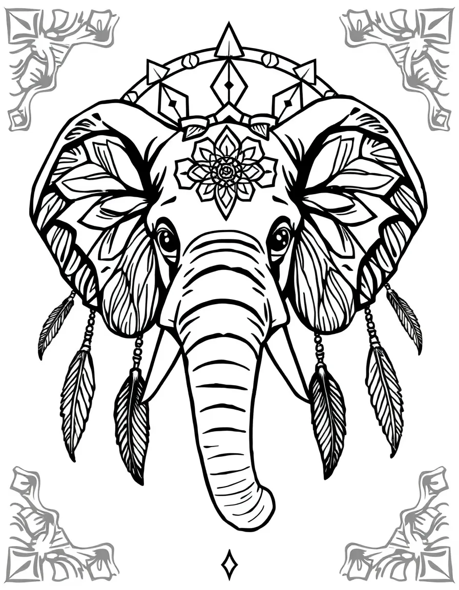 Elephant with dreamcatcher patterns in its ears, surrounded by feathers in a mandala