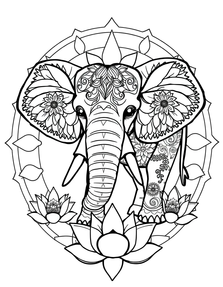 Elephant with floral patterns on its skin, surrounded by lotus flowers in concentric circles