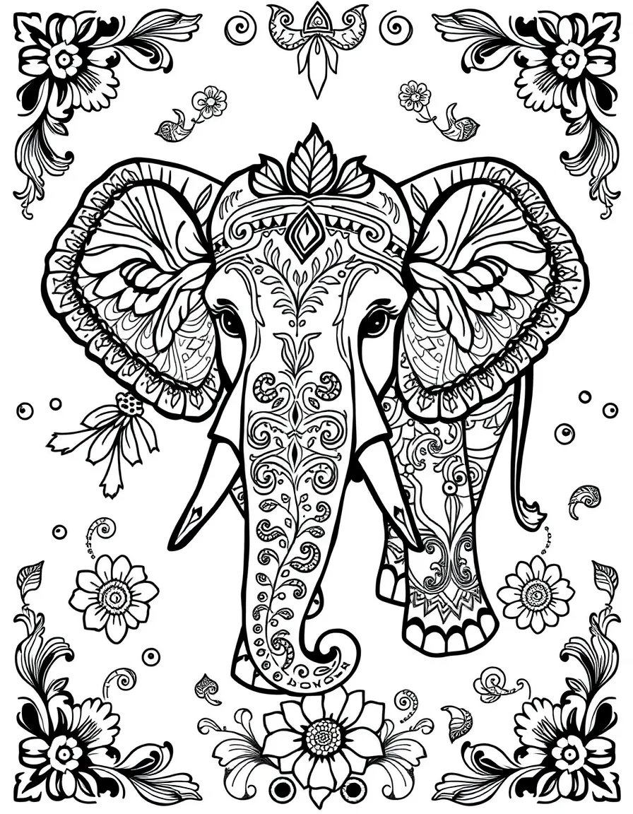 Elephant with mehndi-inspired decorations, surrounded by paisley patterns and florals