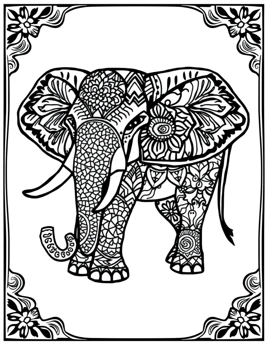 Elephant with multiple patterns within its silhouette, creating a patchwork mandala effect