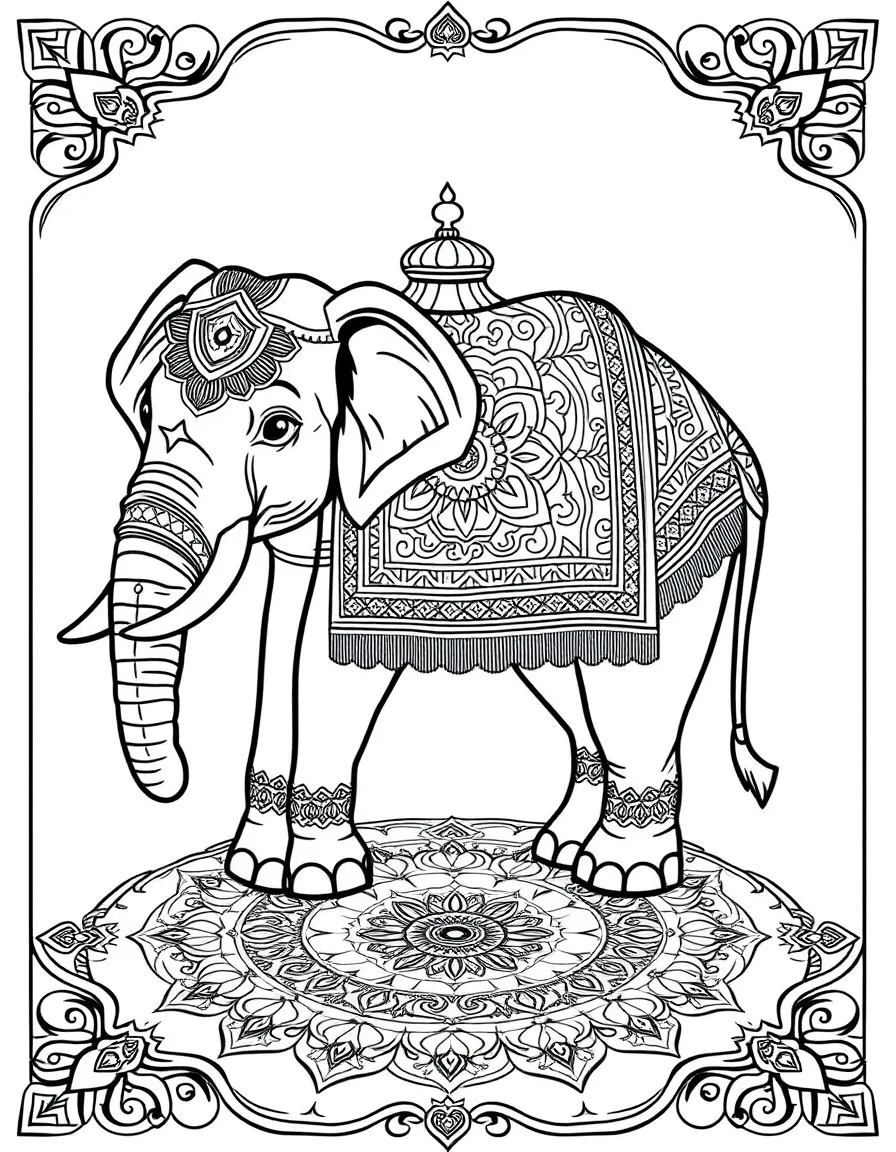 Elephant with ceremonial blanket creating a base for intricate mandala patterns