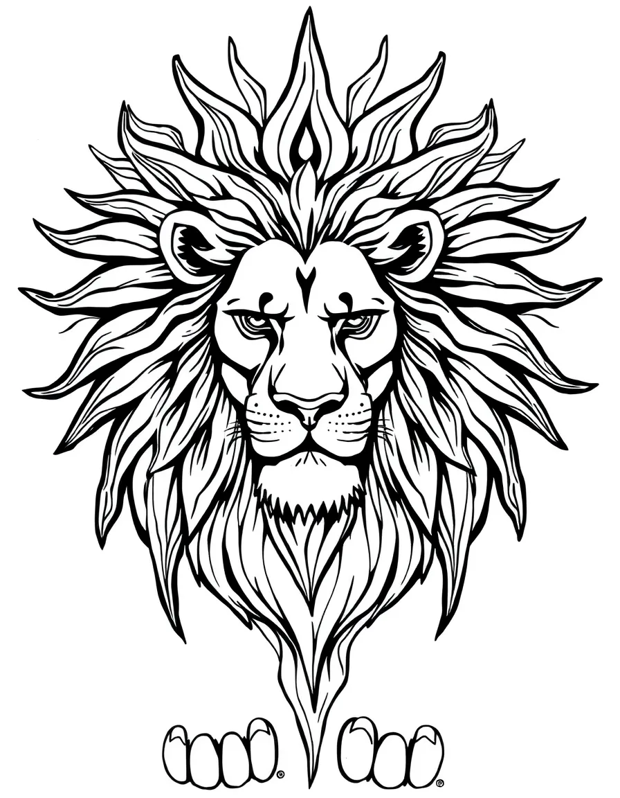 Majestic lion with flowing mane forming rays of a sun mandala