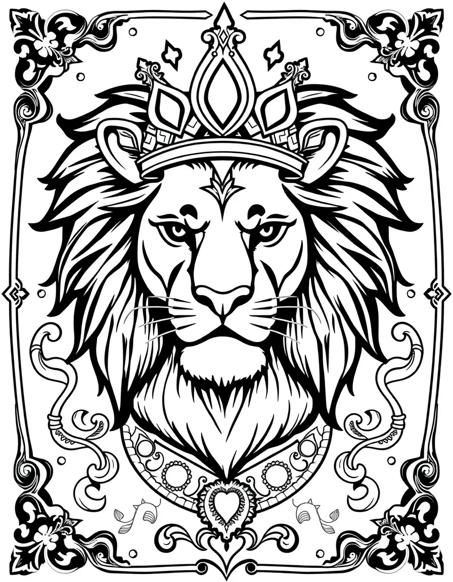 Lion with jeweled crown, surrounded by royal patterns and symbols