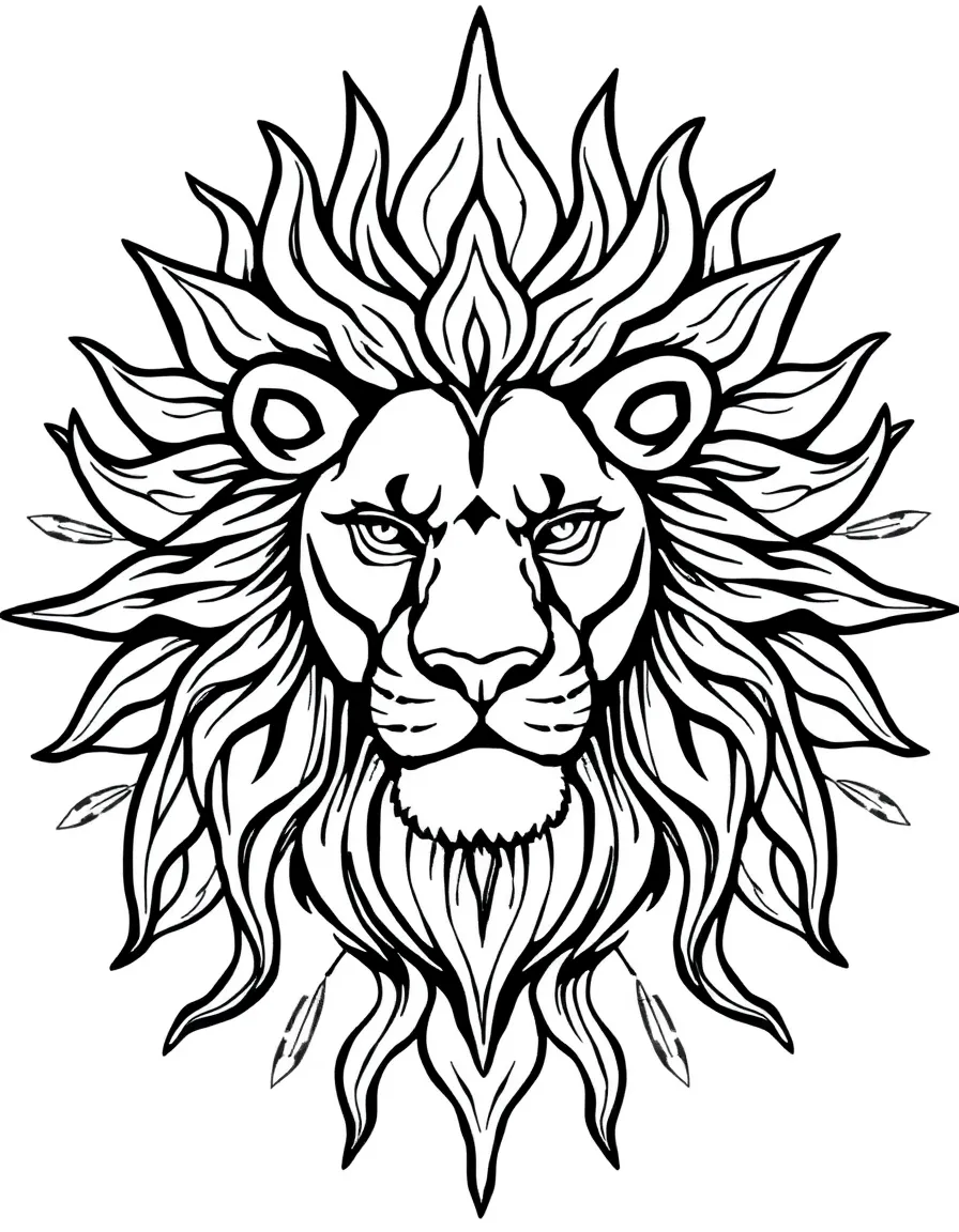 Lion's mane forming flame-like patterns in a sun-inspired mandala design