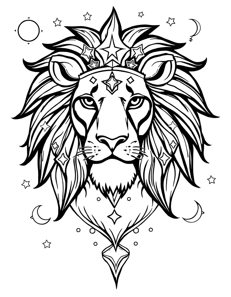 Lion with celestial elements in its mane, surrounded by star and moon patterns
