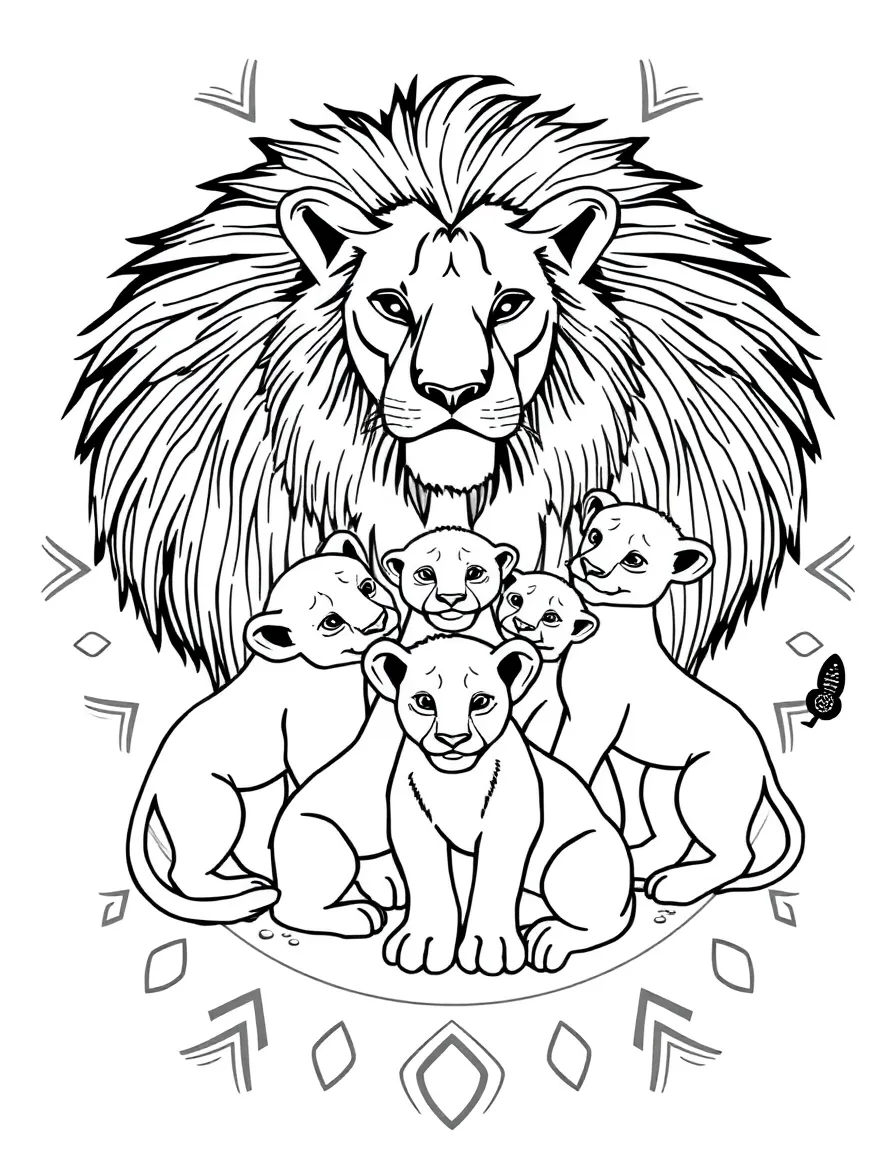 Lion family with cubs in a circular arrangement, creating a protective mandala
