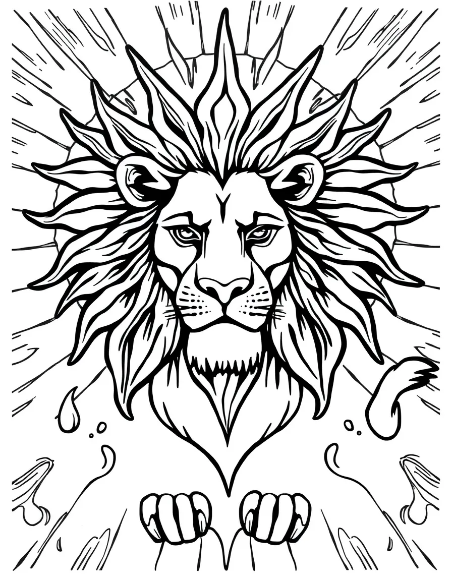 Lion with sun symbolism, surrounded by rays of light and heat patterns