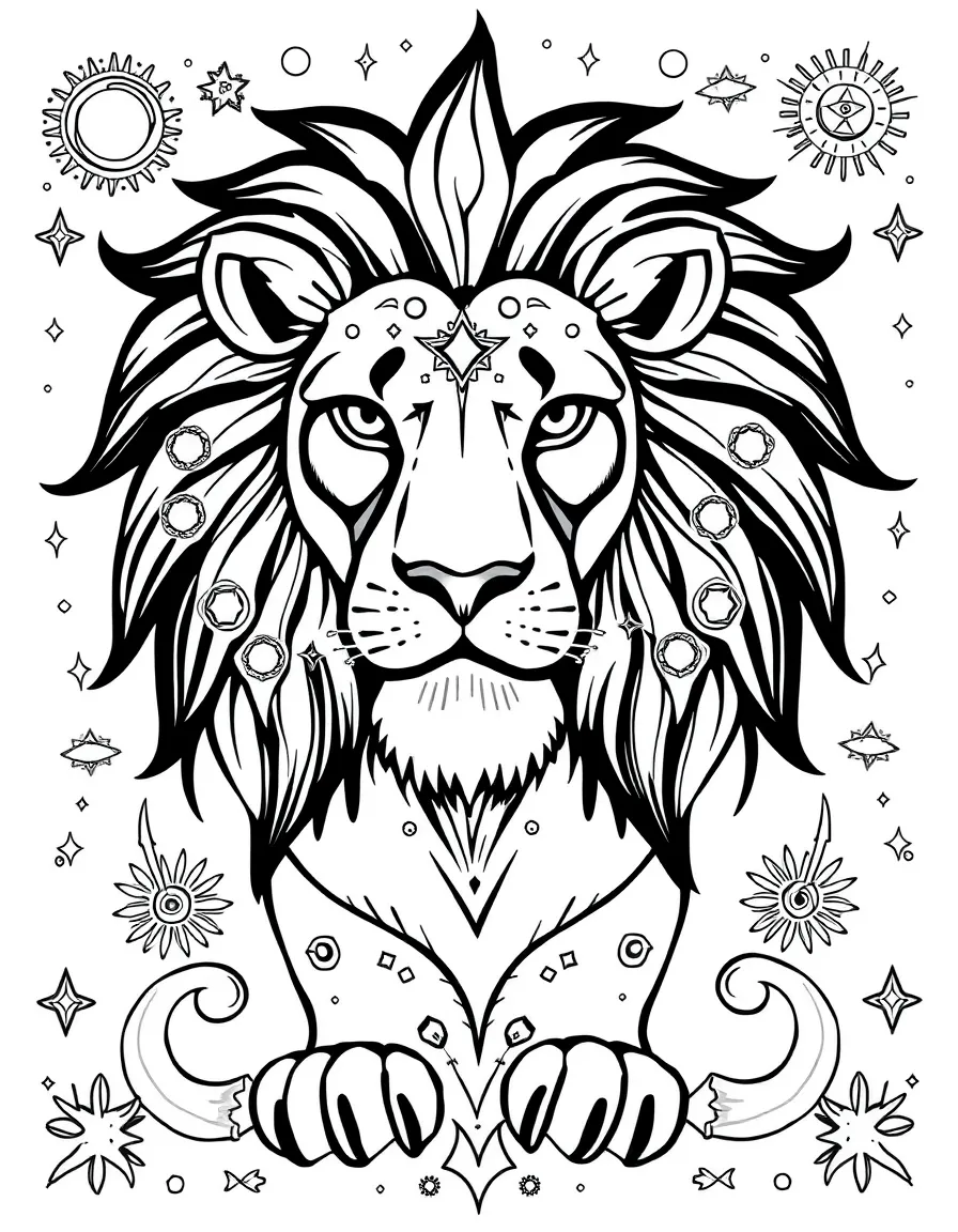 Lion with constellation patterns in its mane, surrounded by cosmic designs