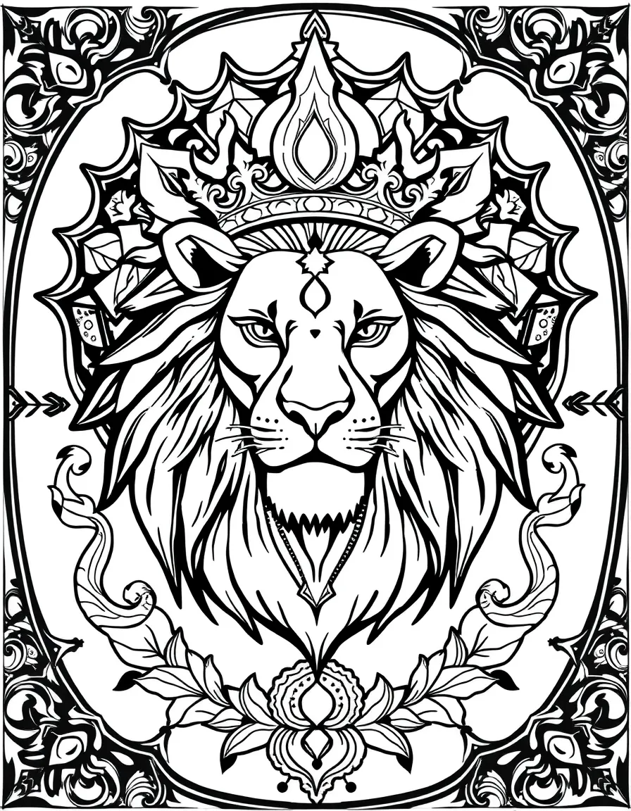 Lion with crown chakra symbols, surrounded by spiritual mandala elements