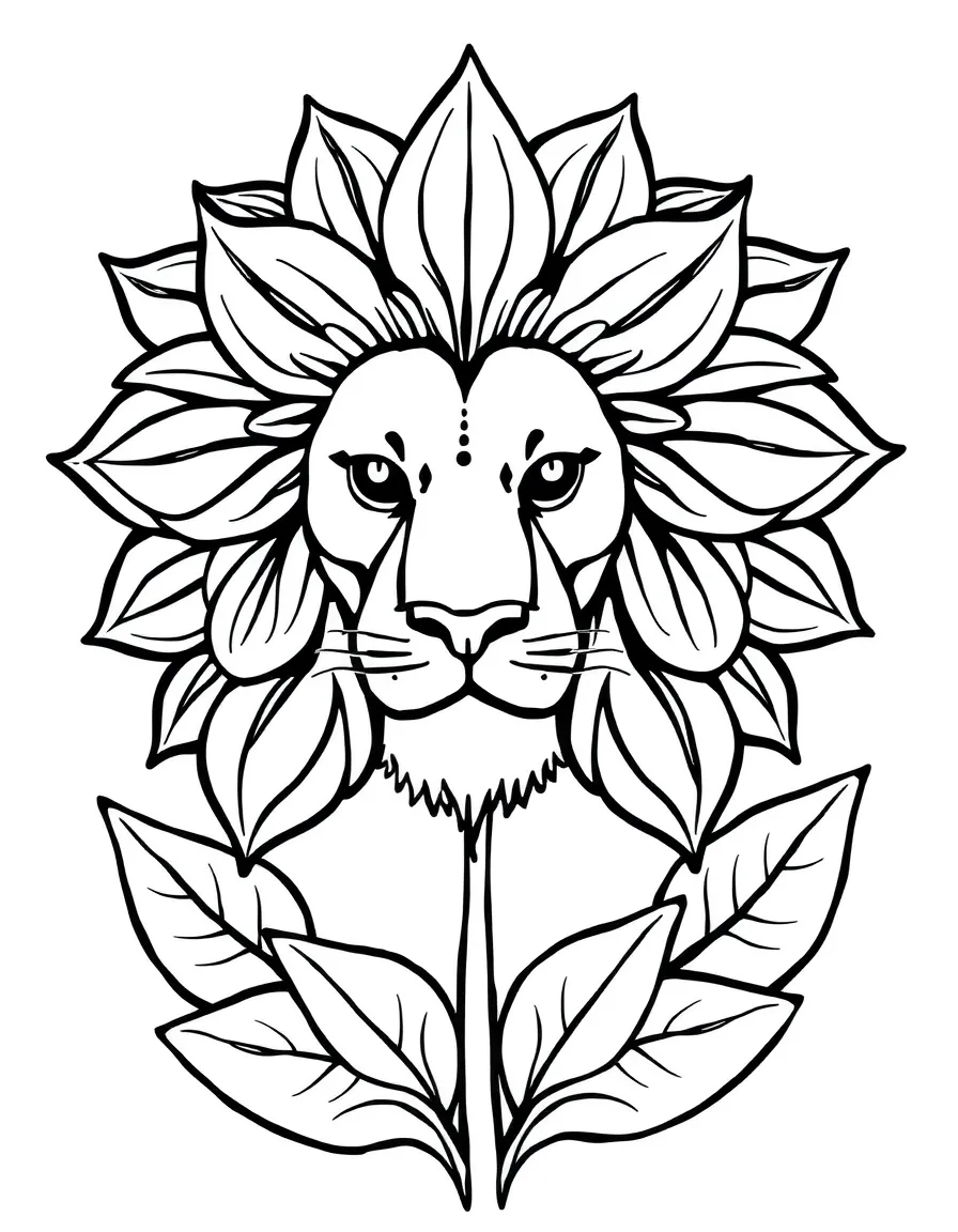 Lion with mane forming a blooming flower, surrounded by petal-like patterns