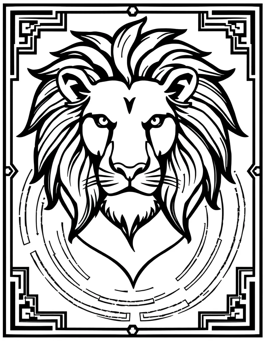 Lion with mane forming a labyrinth pattern, surrounded by maze-like designs