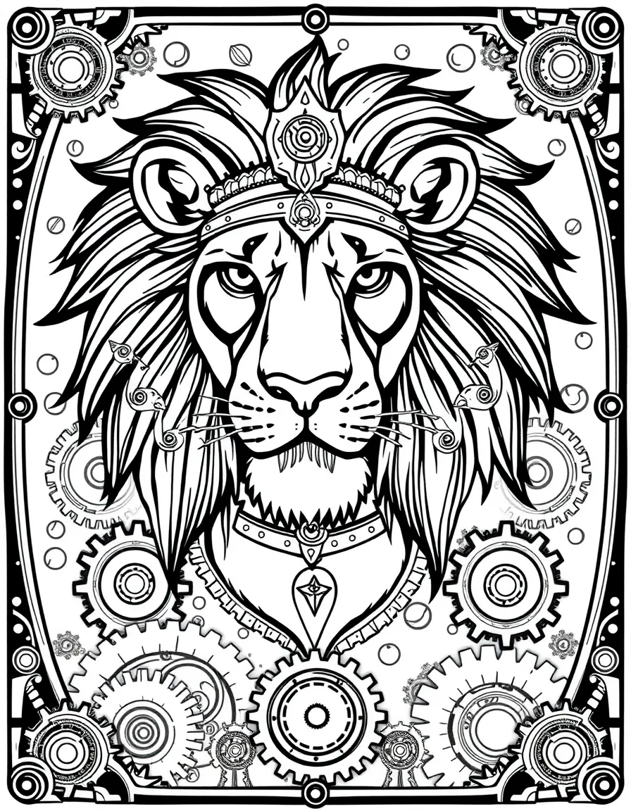 Lion with steampunk elements, surrounded by gear and clockwork patterns