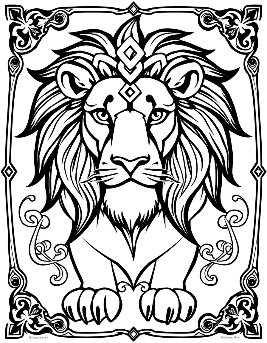 Lion with Celtic knot patterns in its mane, surrounded by traditional designs
