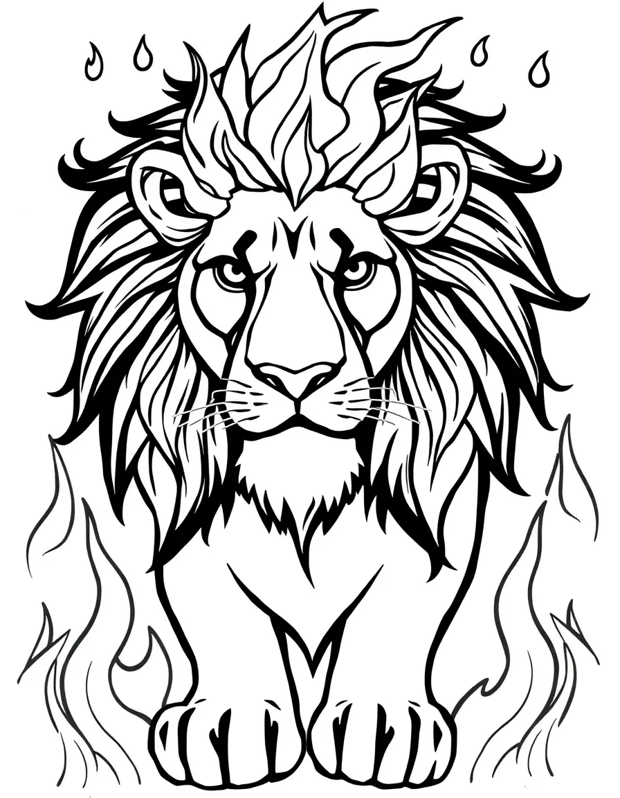 Lion with fire elements in its mane, surrounded by flame-inspired patterns