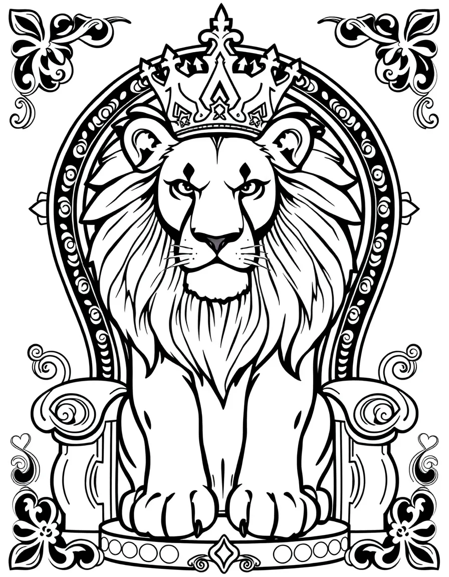 Lion with regal posture, surrounded by throne and crown patterns