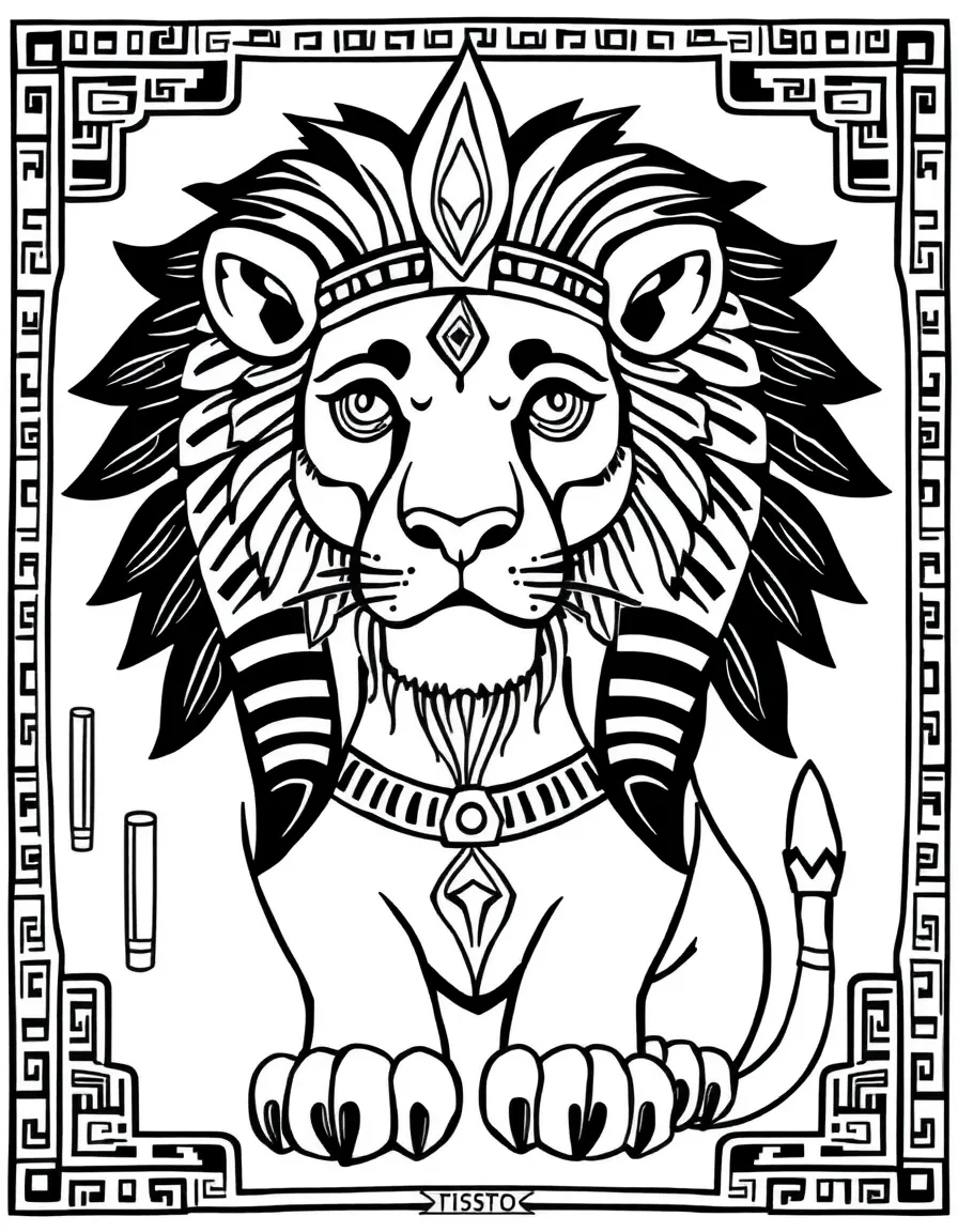 Lion with Egyptian-inspired decorations, surrounded by hieroglyphic patterns
