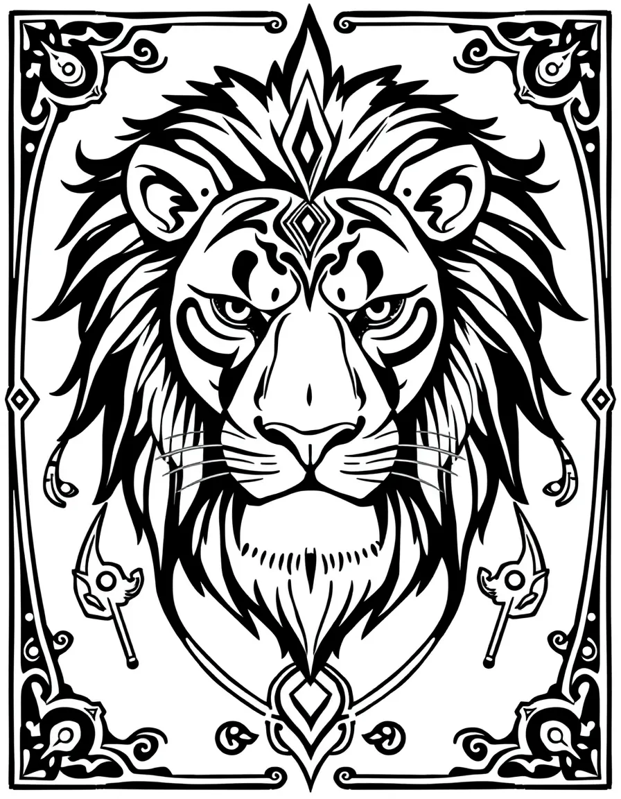 Lion's face with tribal markings, surrounded by protective symbols