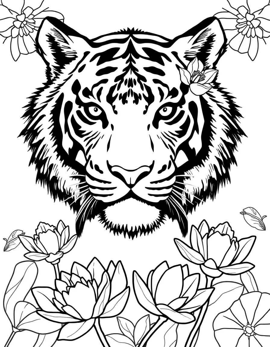 Tiger with lotus flowers incorporated into its stripe patterns