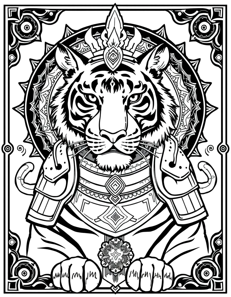 Tiger with ceremonial armor, surrounded by protection symbols