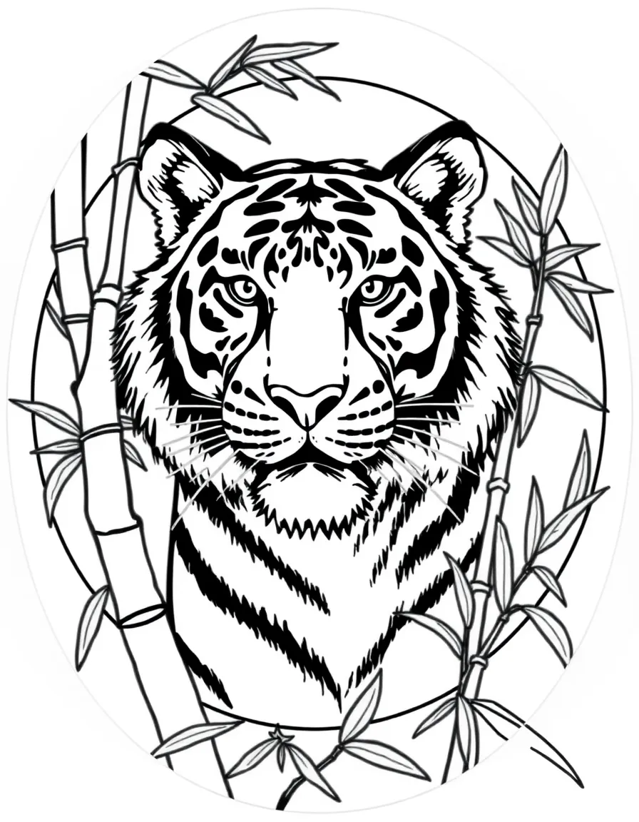 Tiger with bamboo elements incorporated into a circular design
