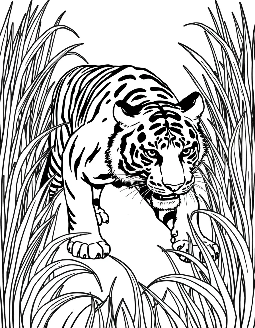Tiger prowling through tall grass, with grass patterns forming a circular design