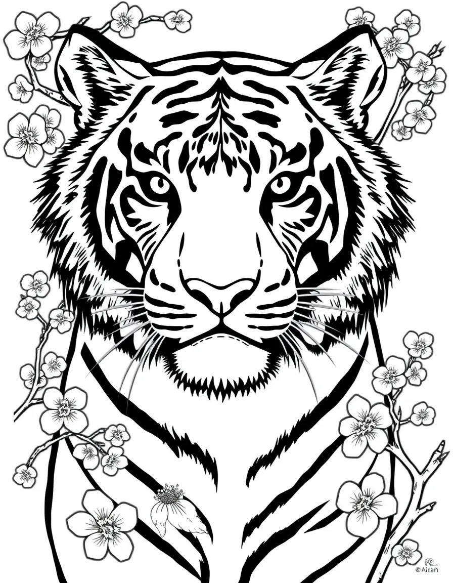 Tiger with cherry blossom patterns incorporated into its stripes